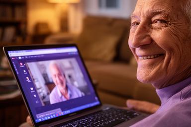 Senior man smiling during a video call on his laptop in a cosy living room