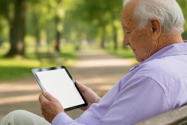 Elderly man reading online news on a tablet while sitting on a park bench